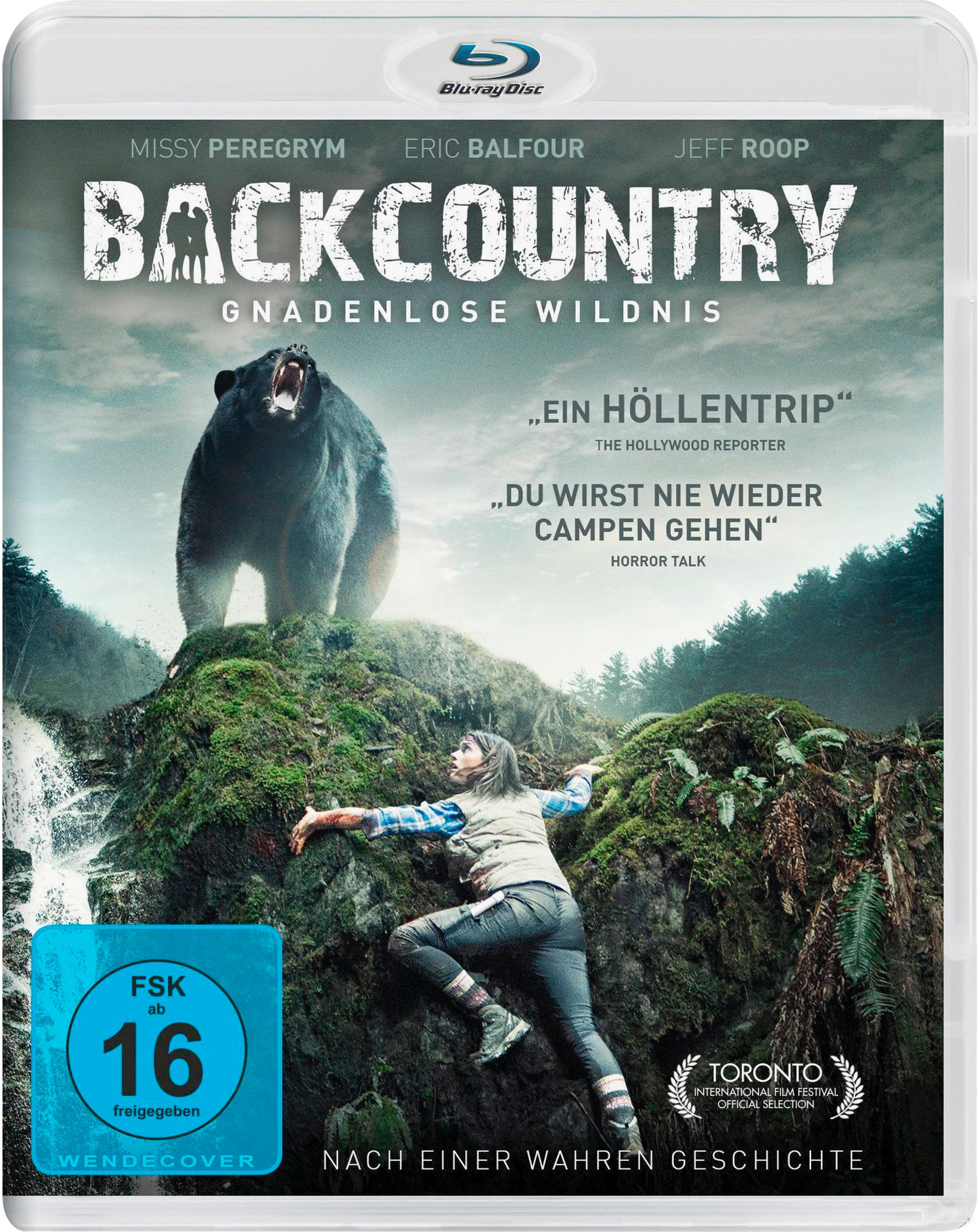 Filmcover: Backcountry, Bär und Frau im Wald, und Text: Horror Talk, Gnadenlose Wildnis.