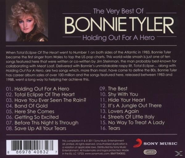Albumcover von Bonnie Tyler, "The Very Best Of". Es listet Songtitel mit einem Bild der Sängerin links.