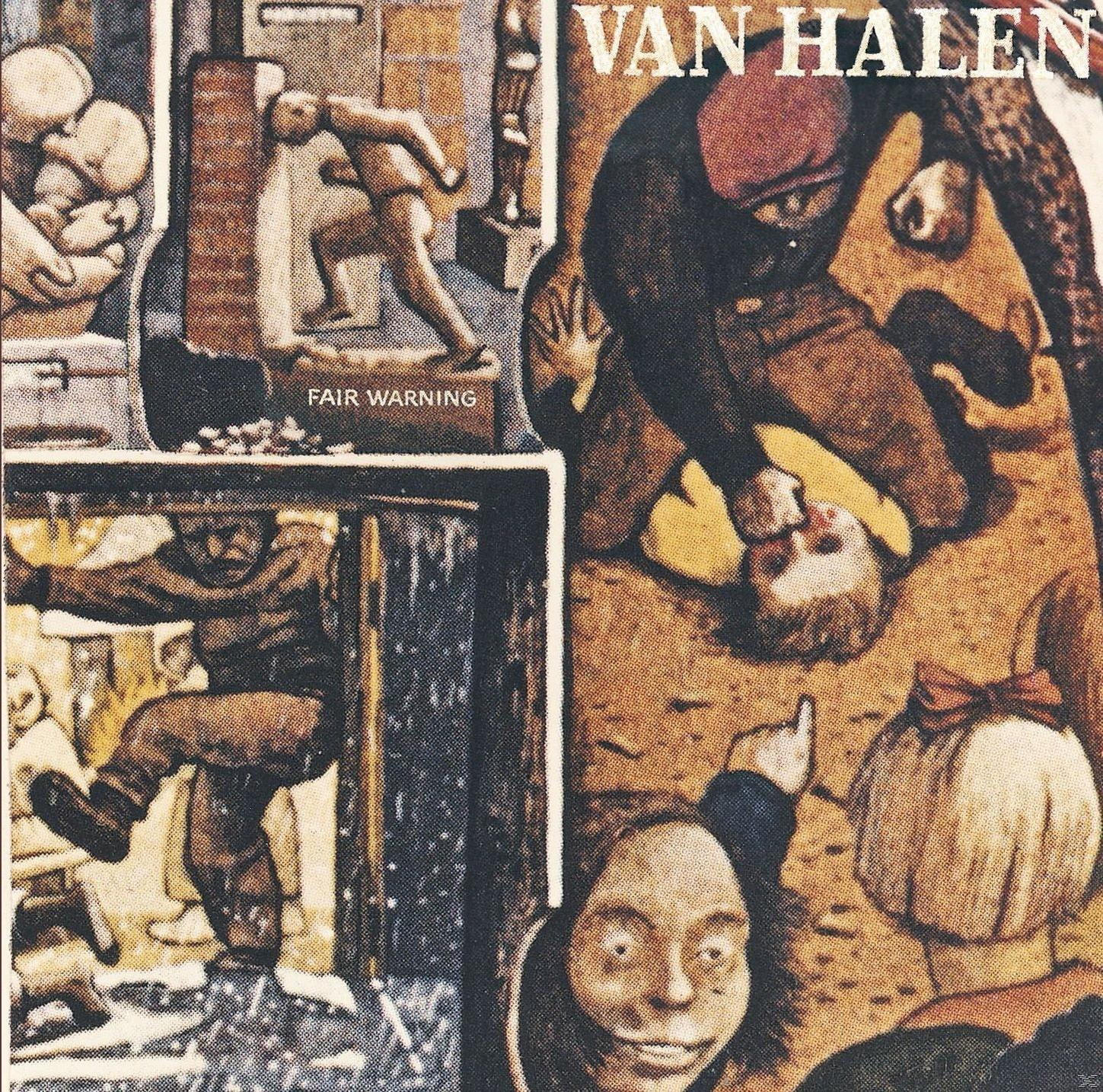 Album borító szürreális figurákkal, torzult arcokkal és szöveggel: Fair Warning, Van Halen.