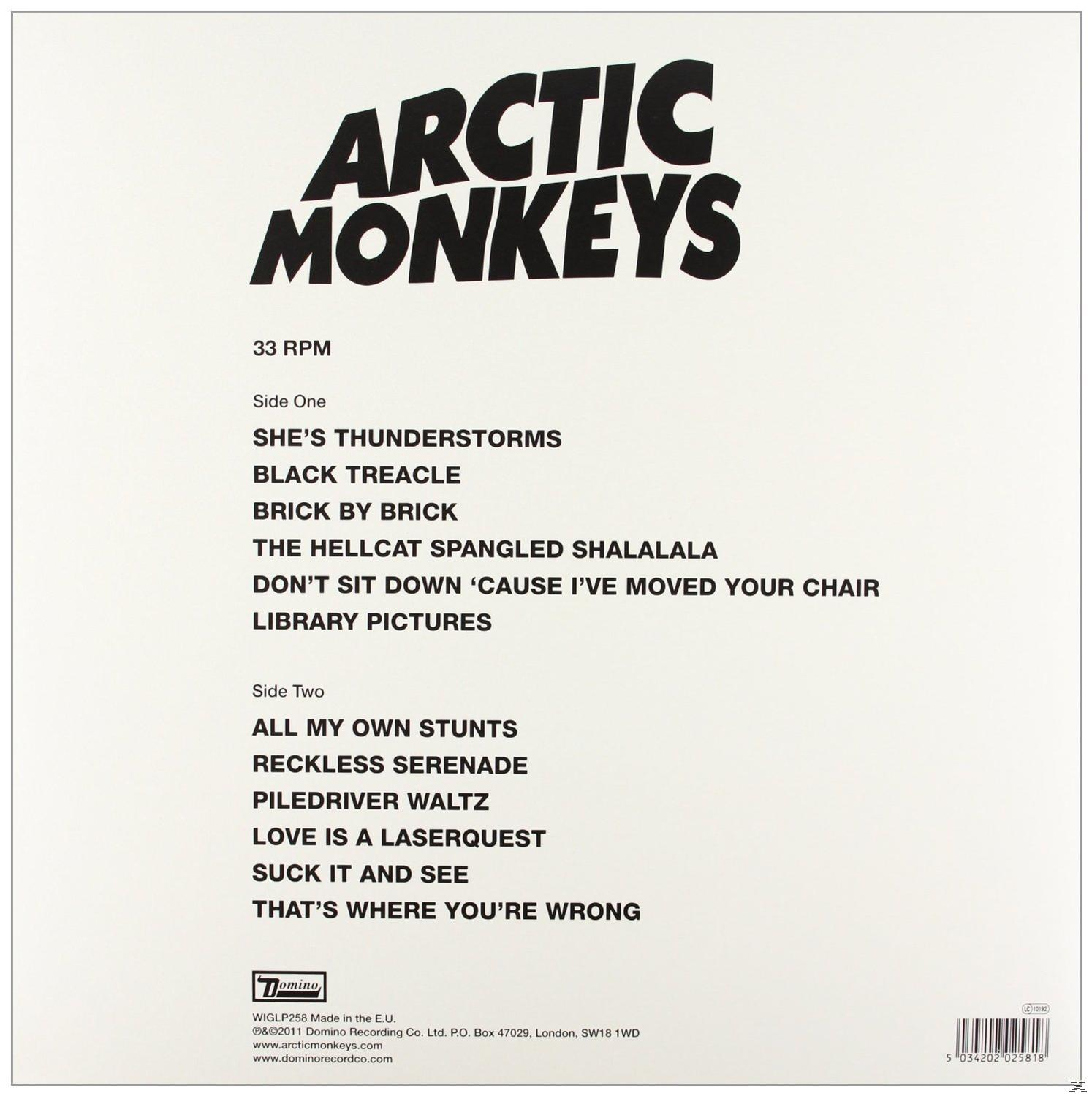 Az Arctic Monkeys album hátlapja, a számlista és a zenekar neve felül, fekete-fehérben.