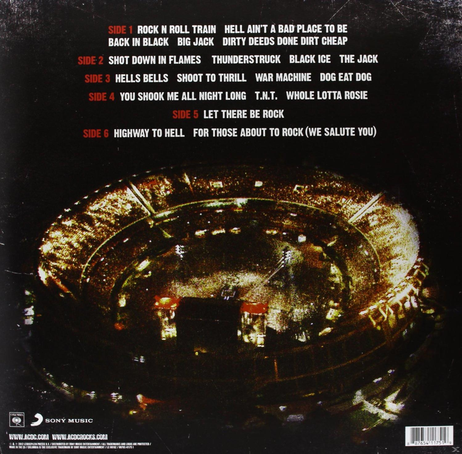 Dos de la pochette d'album d'AC/DC, avec une image de stade et la liste des titres.