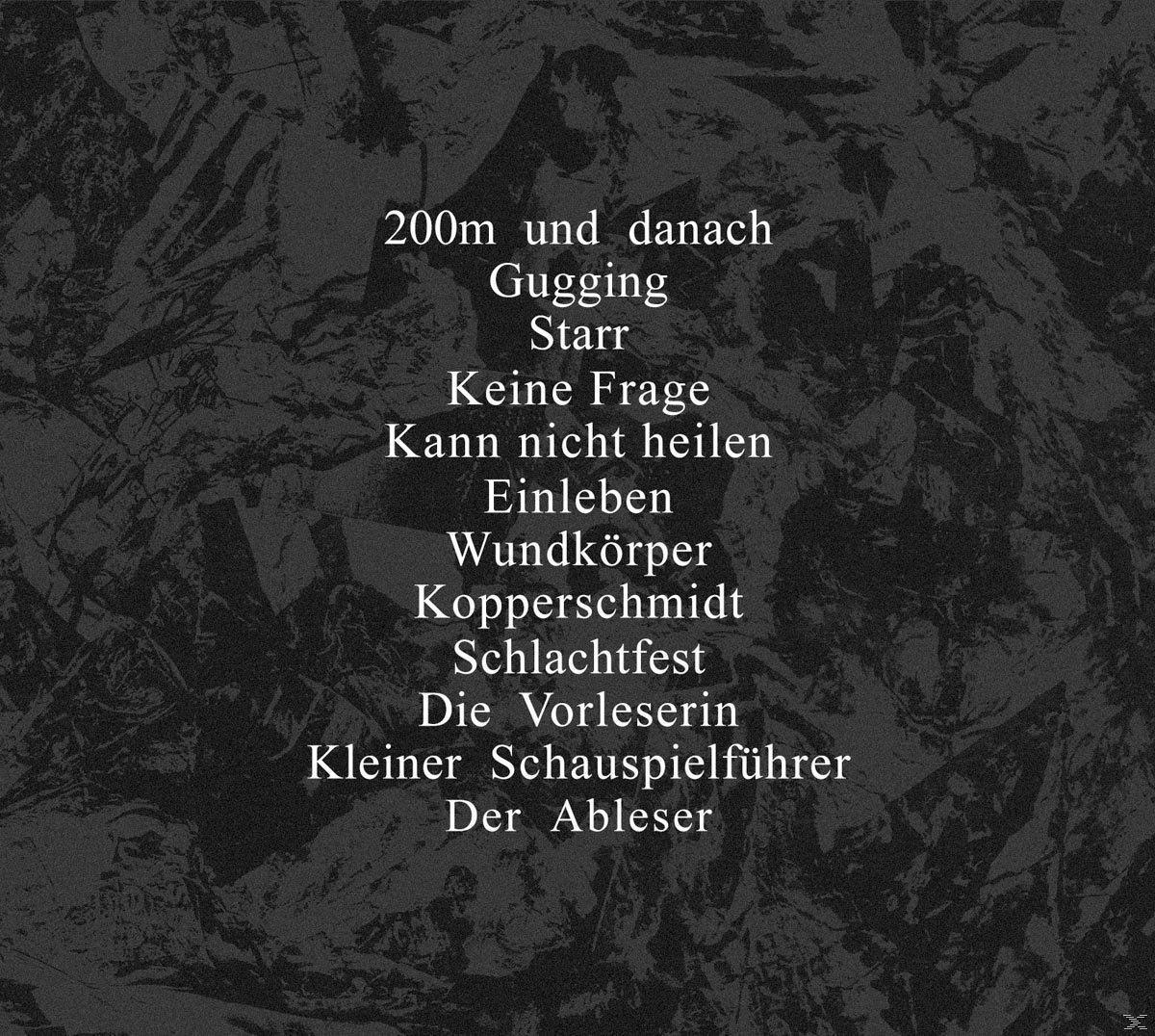 Textbasiertes Kunstwerk mit einer Liste deutscher Wörter auf strukturiertem, dunklem Hintergrund.