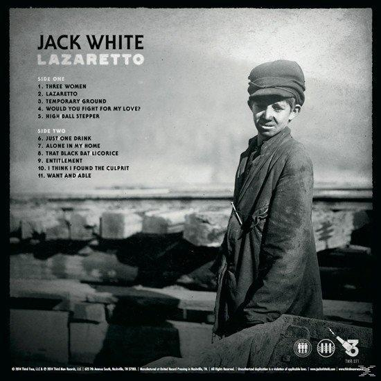 Albumcover 'Lazaretto' von Jack White. Ein Junge in einem Mantel steht in der Nähe einer Steinmauer. Titelliste links.