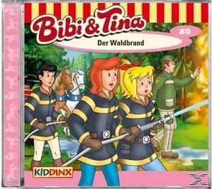 Albumcover des Zeichentricks 'Bibi & Tina' mit Kindern, Pferden und einem Feuerwehrmann.