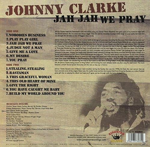 Albumcover für Johnny Clarkes 'Jah Jah We Pray'. Listet Songs und hat ein Foto.