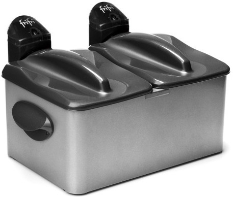 A deep fryer, silver with gray lids, two compartments. 'frifi' logo on the lids.