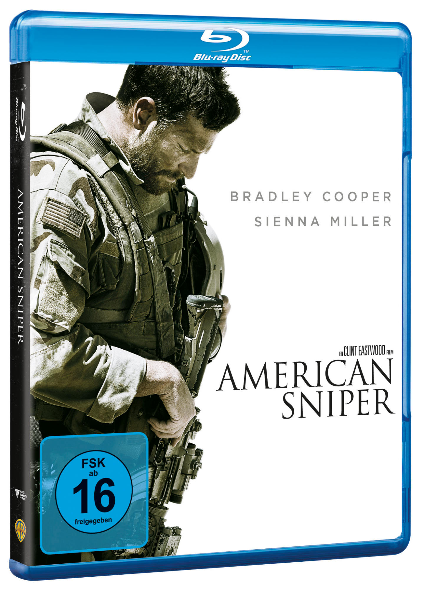 Blu-ray-Cover von American Sniper. Bradley Cooper hält ein Gewehr und blickt nach unten. Sienna Miller ist gelistet.