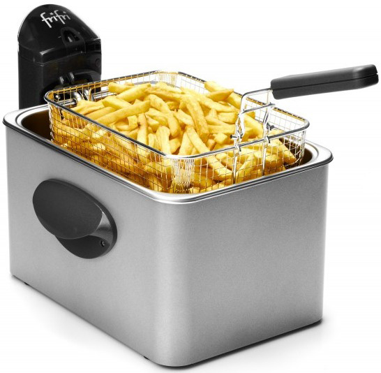 A deep fryer with a basket full of fries. The fryer is silver and black.