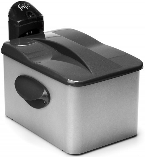 Black and gray deep fryer with a lid. Silver sides. The brand name 'frifri' is visible on top.