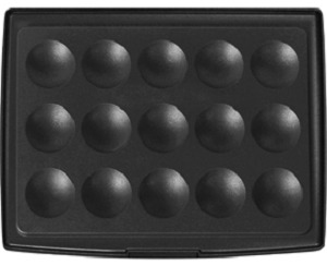 Black baking tray with fifteen round indentations. Gray background.