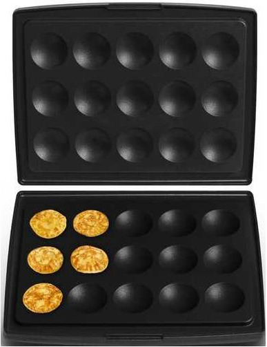 Black pancake maker with some pancakes in the bottom section.