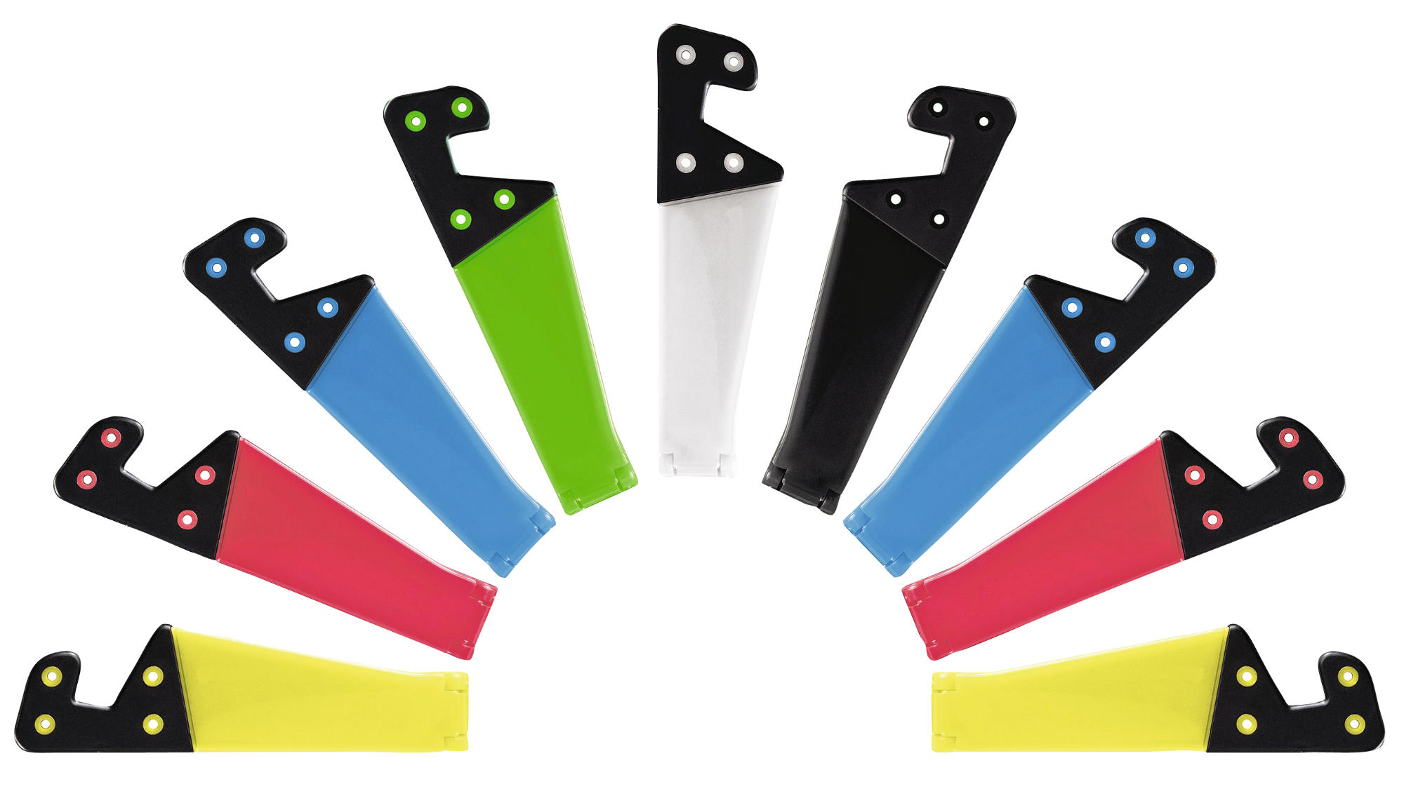 Assortiment kleurrijke telefoonstandaards in een halve cirkel. Elk heeft een andere kleur met een zwarte basis.