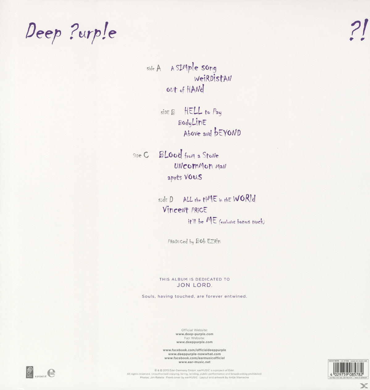 Albumcover von Deep Purple mit Titellisten und Text.