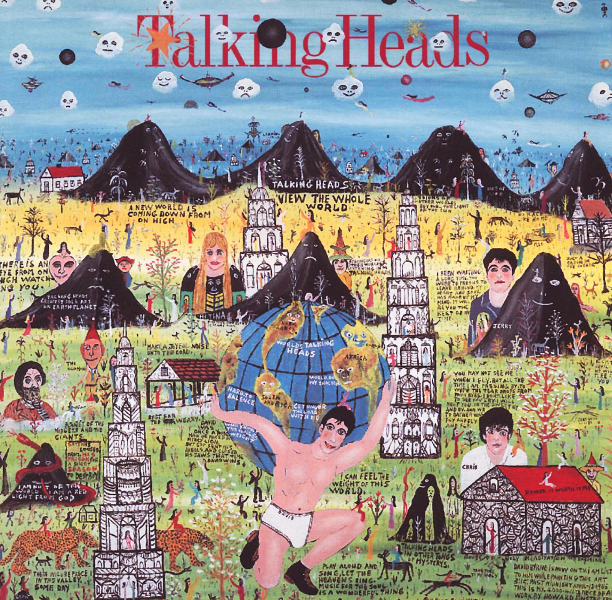 Bunter Cartoon, Berge, Figuren, Text, 'Talking Heads'.