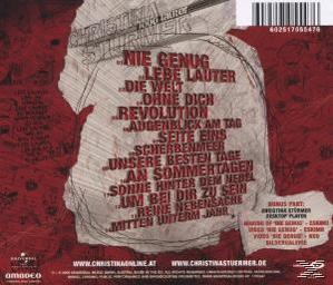 Albumcover: Rückseite mit Titelliste in rotem Text auf Papier mit Rissen, roter Hintergrund, deutscher Text.