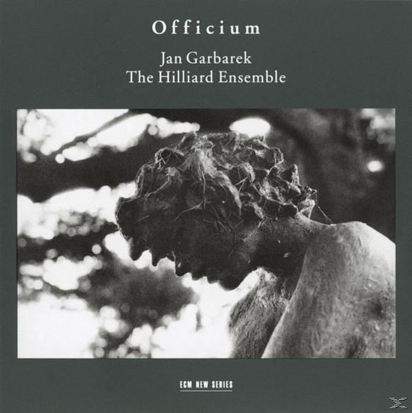 Albumcover mit Statue. Jan Garbareks Officium. Ein Schwarz-Weiß-Bild einer klassischen Statue.