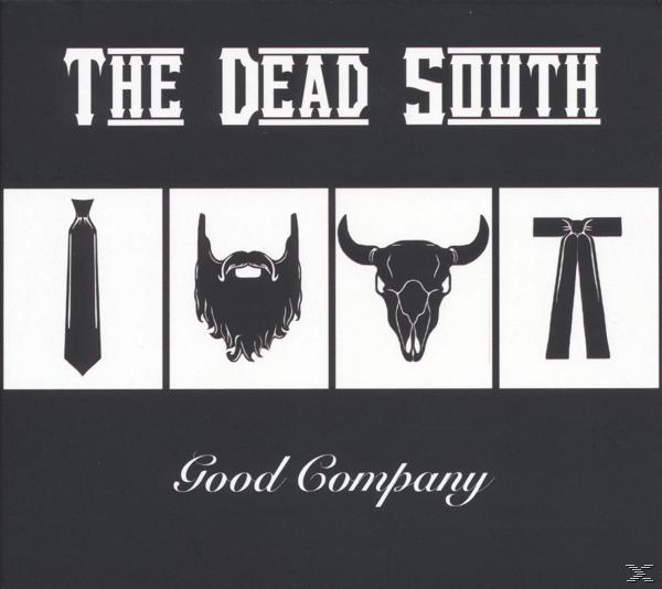 Albumcover. Vier Schwarz-Weiß-Symbole: Krawatte, Bart, Stierschädel, Fliege. Titel: Good Company von The Dead South.