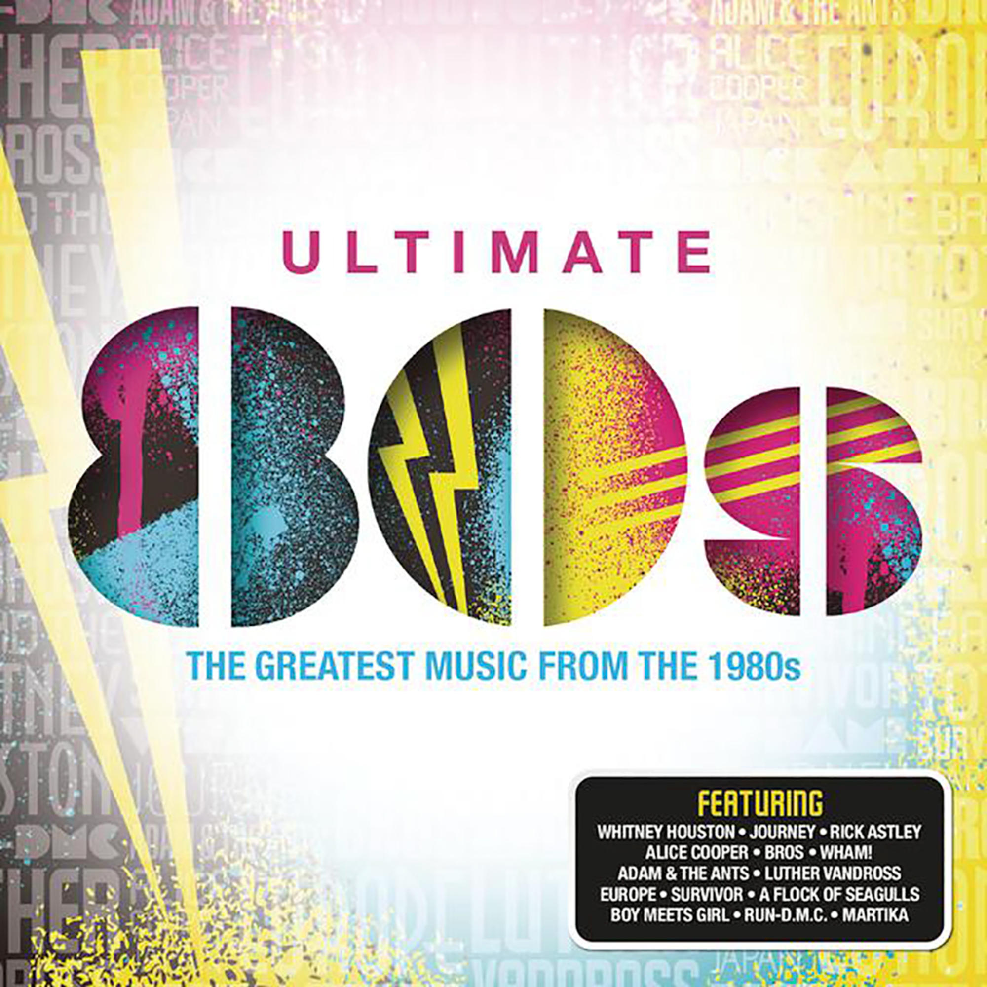 CD-Cover mit den Worten 'ULTIMATE 80s' und den Namen verschiedener Musikkünstler.