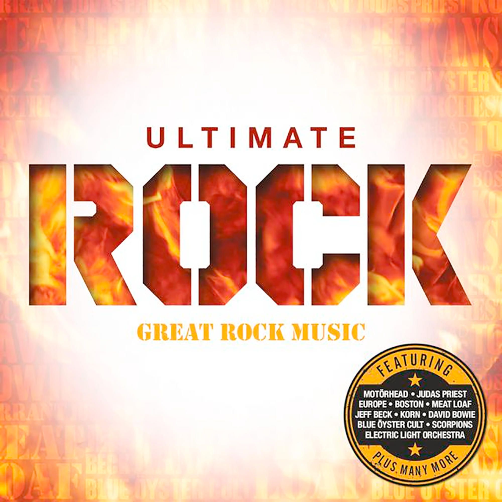 Pochette d'album avec le mot 'ROCK' en flammes, avec des artistes de musique rock.