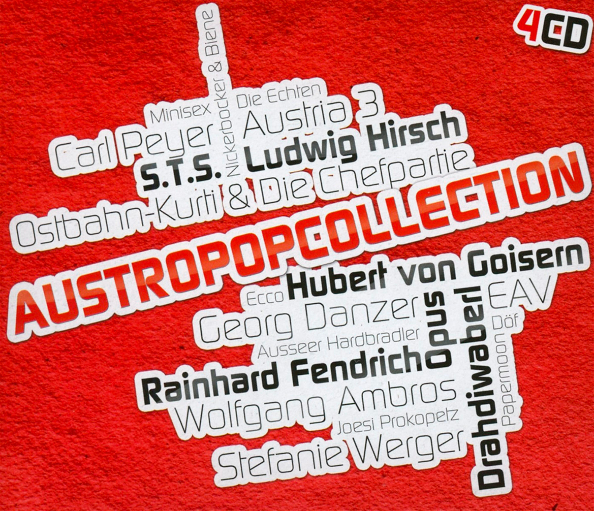 Austropop Collection Albumcover. Mehrere Bandnamen in Weiß auf rotem Hintergrund. Roter Hintergrund.