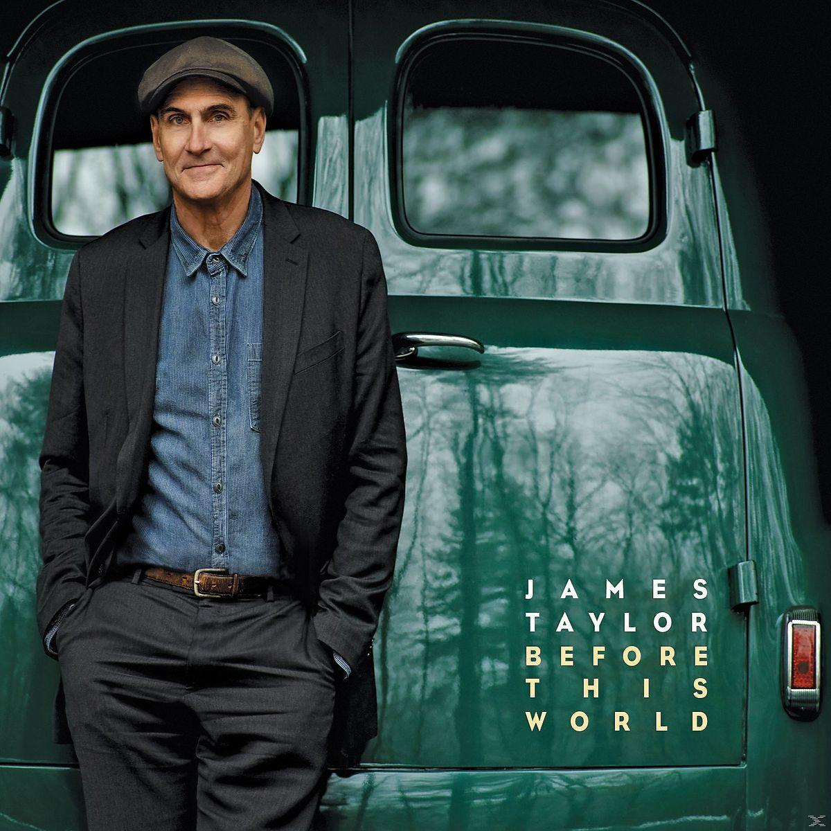 James Taylor album borítója, egy zöld furgonnak támaszkodva. Szöveg: James Taylor, Before This World.