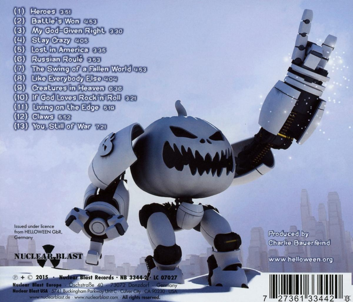Helloween-Albumcover. Roboter mit Kürbiskopf, hebt eine Hand. Album-Trackliste und Logo.