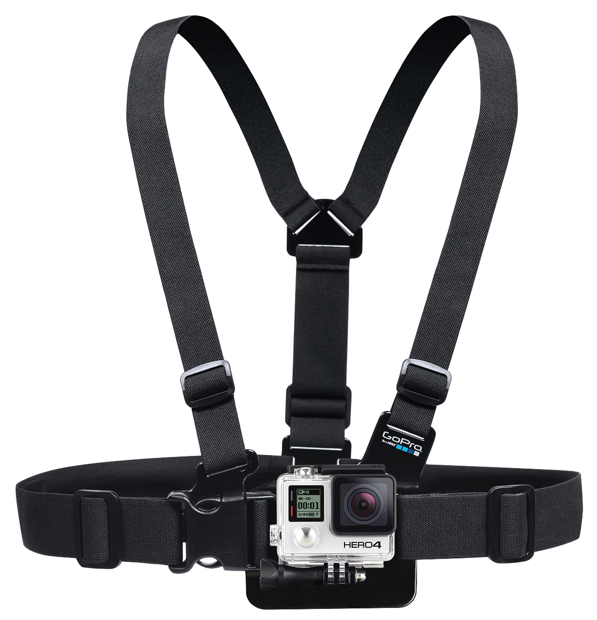 GoPro HERO4 kamera takılı GoPro göğüs kemeri, siyah kayışlar ve toka.