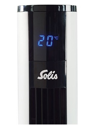 White and black Solis fan. Blue temperature 20°C display.