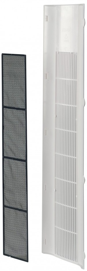 Air filter components. A black mesh filter and a white plastic frame.