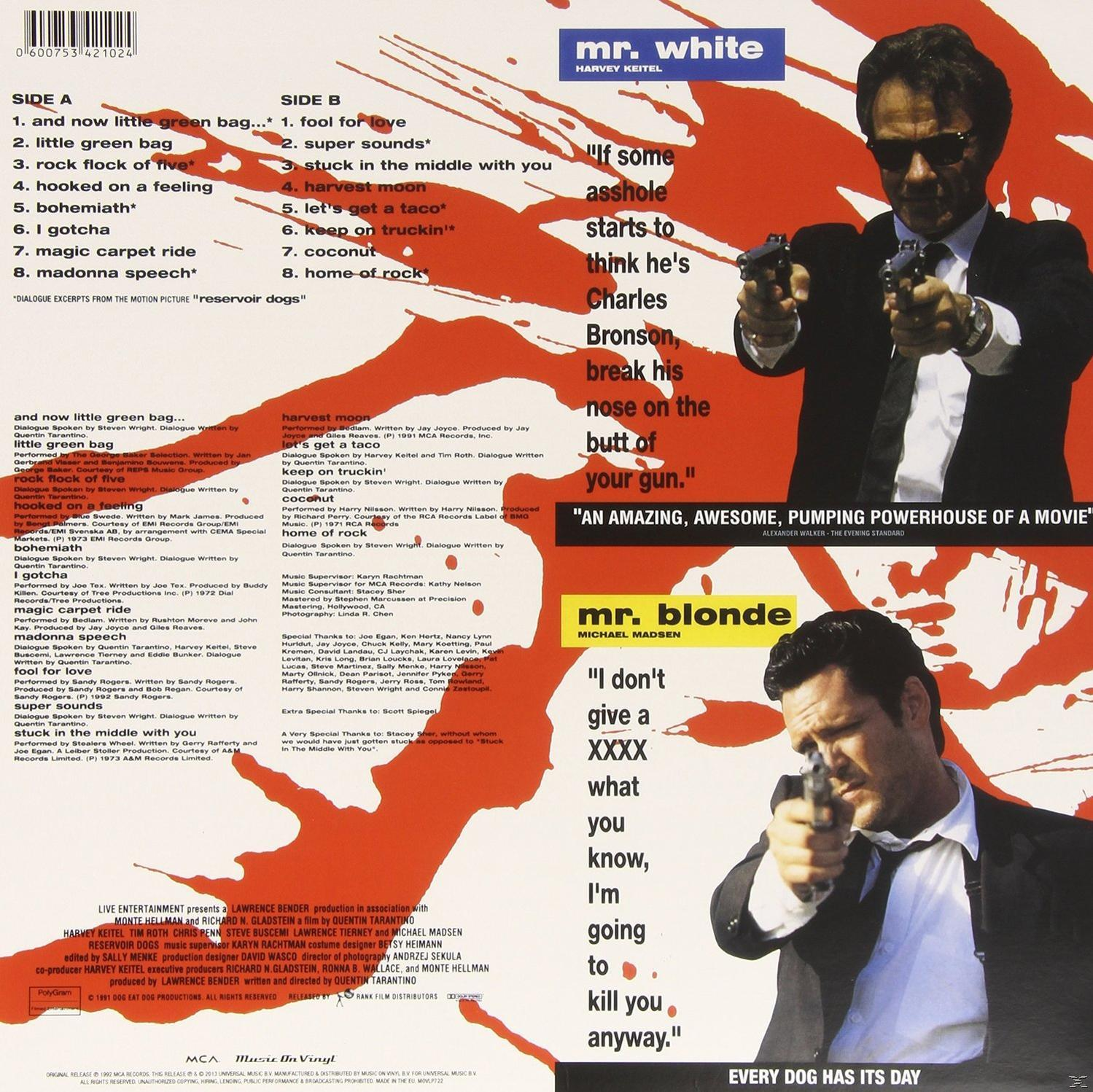 Reservoir Dogs albumhoes: Mr. White en Mr. Blonde, met wapens, rode achtergrond.