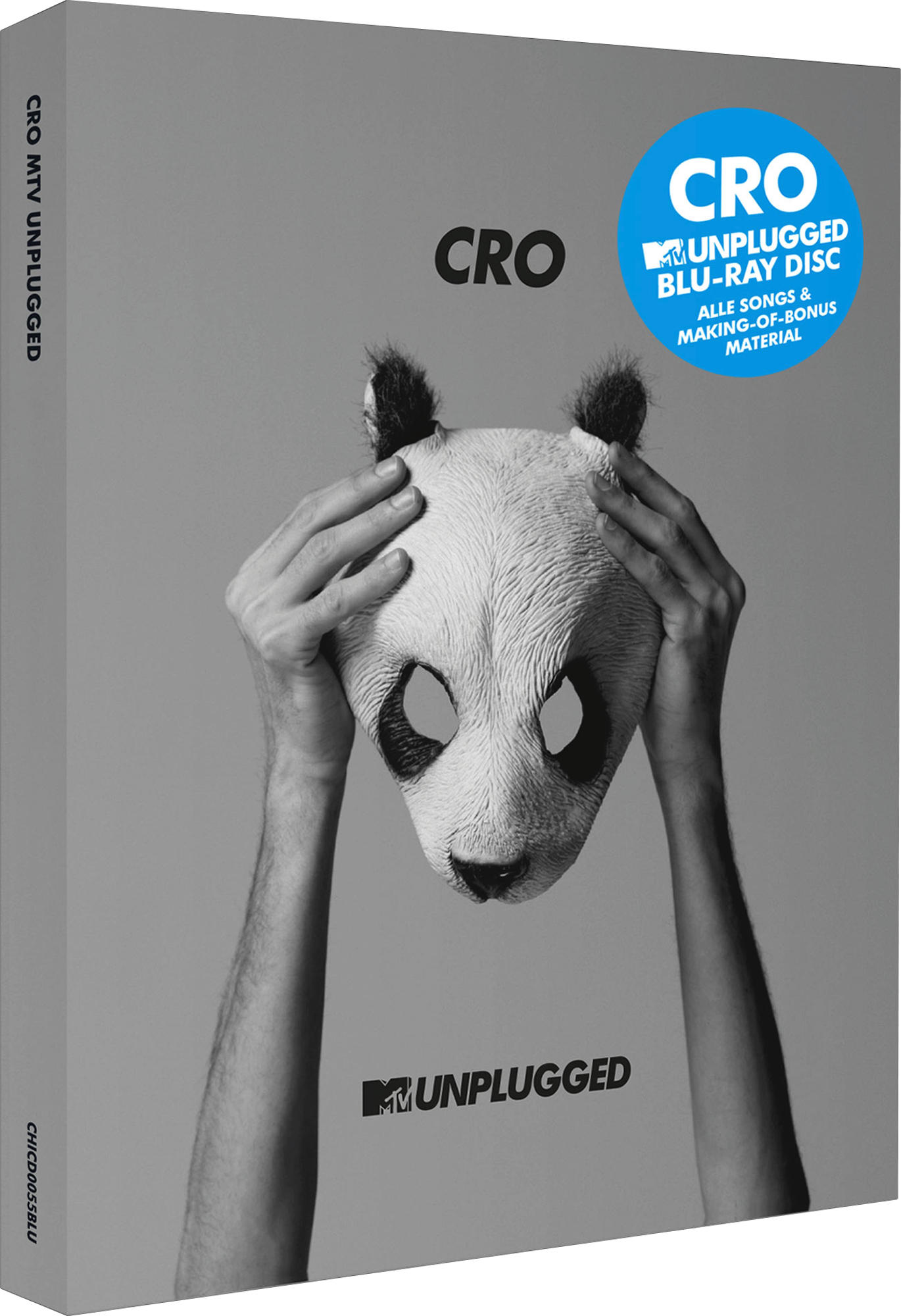 Blu-ray-Box mit einer Person, die eine Pandamaske trägt. Das Cover ist in Schwarzweiß gehalten, mit dem Text CRO MTV Unplugged.