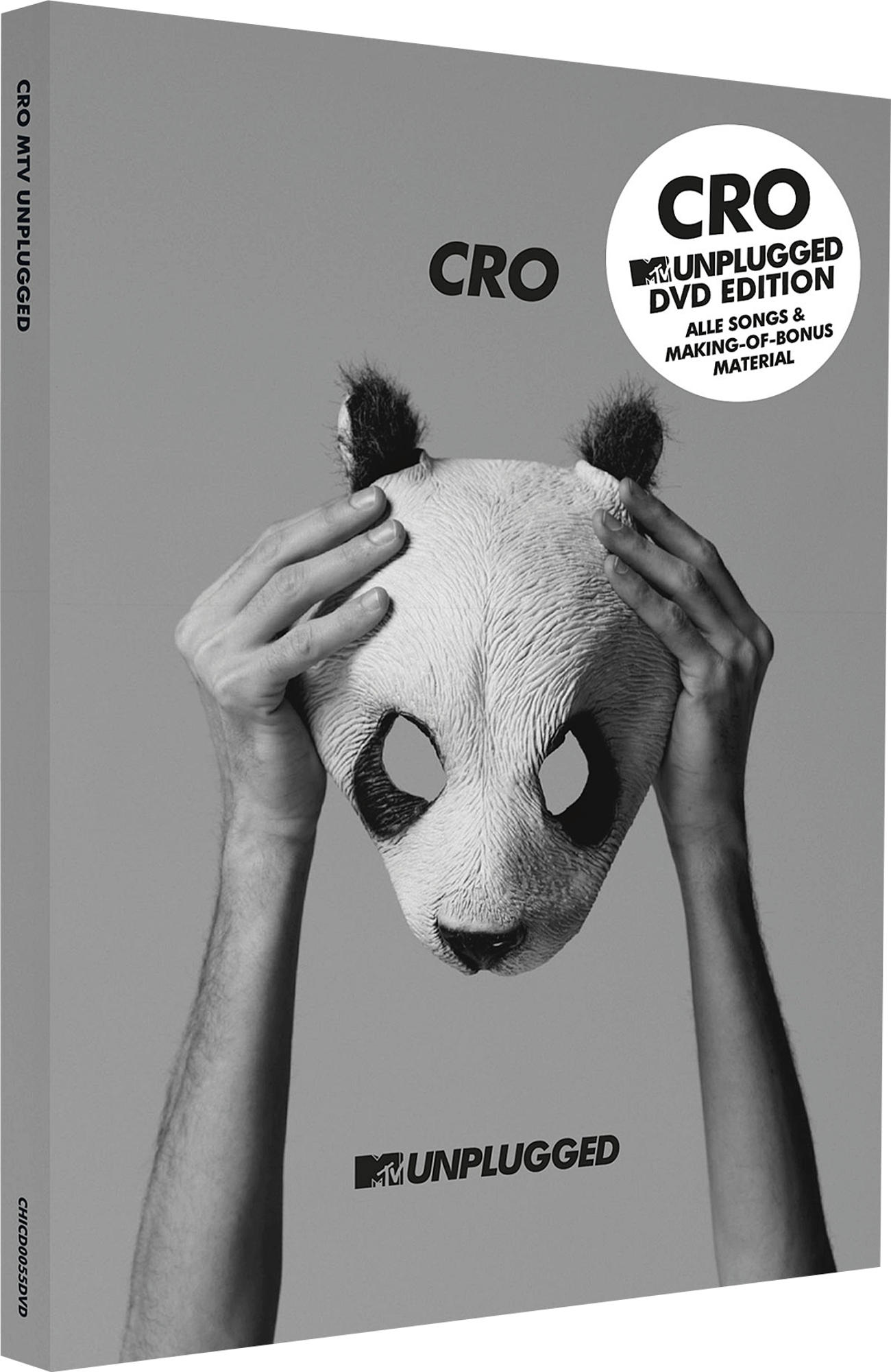 DVD-Box mit einer Person, die eine Pandamaske trägt. Das Cover ist in Schwarzweiß gehalten, mit dem Text CRO MTV Unplugged.