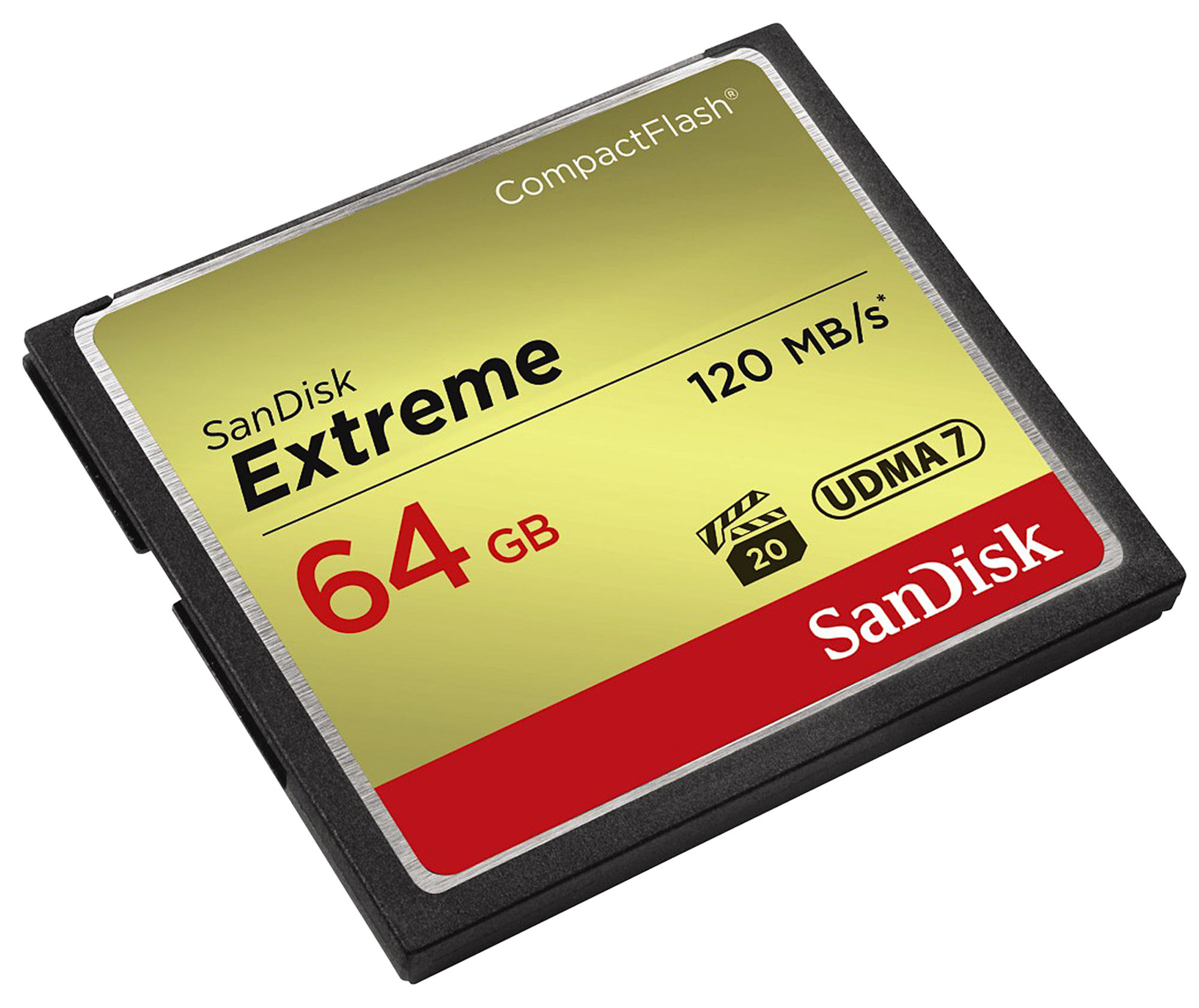 Een Sandisk Extreme CompactFlash-kaart met tekst en logo.