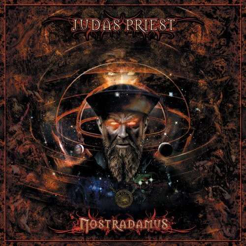 Judas Priest album borítója. A borító sötét és gótikus, rajta a Nostradamus szóval.