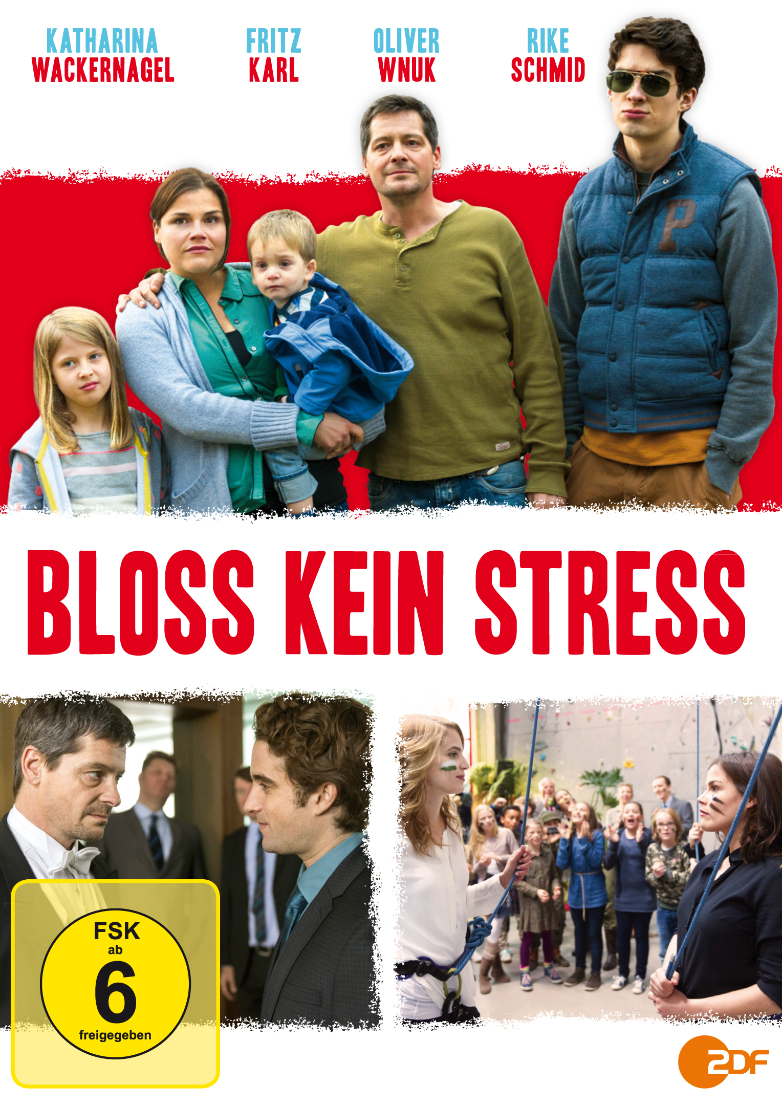 DVD-Cover für den Film Bloss Kein Stress, mit einer Gruppe von Leuten darauf.