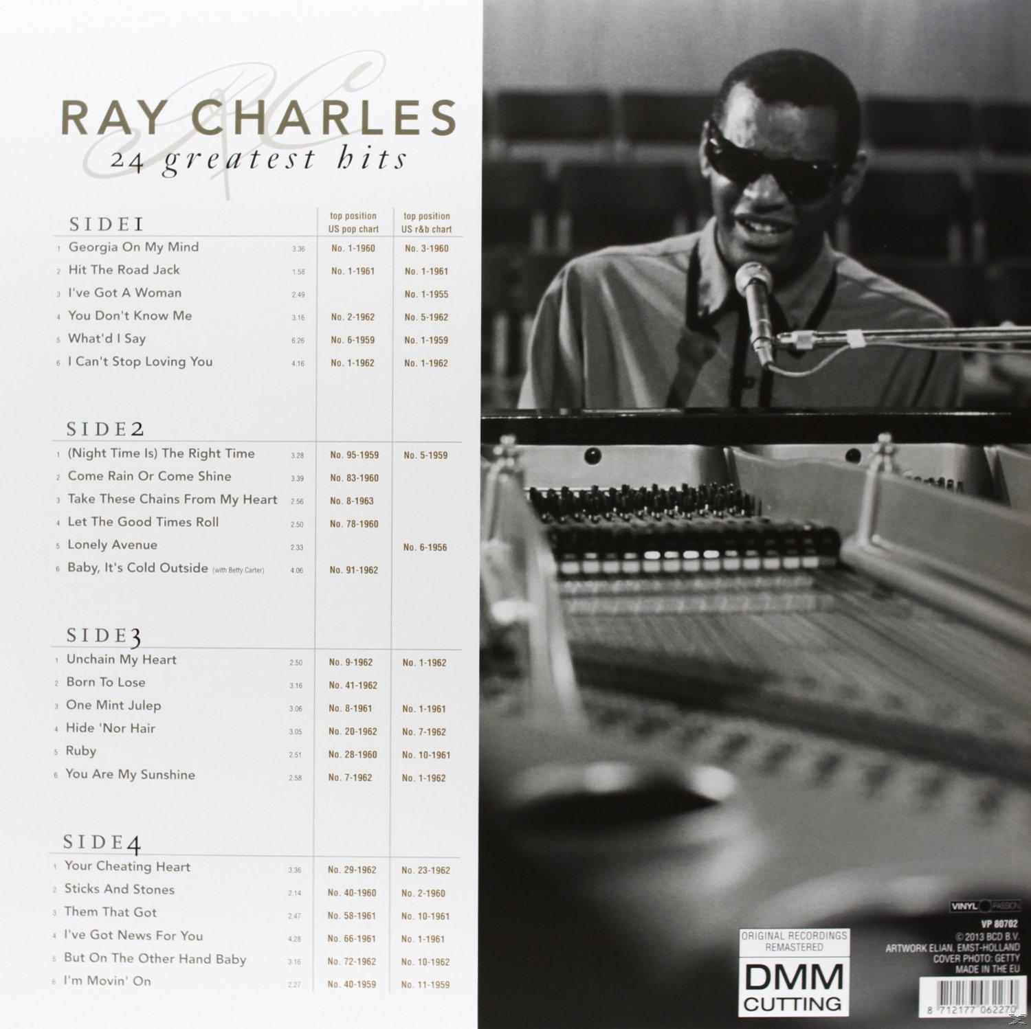 Ray Charles album borítója számlistával, arccal, '24 greatest hits' felirattal.