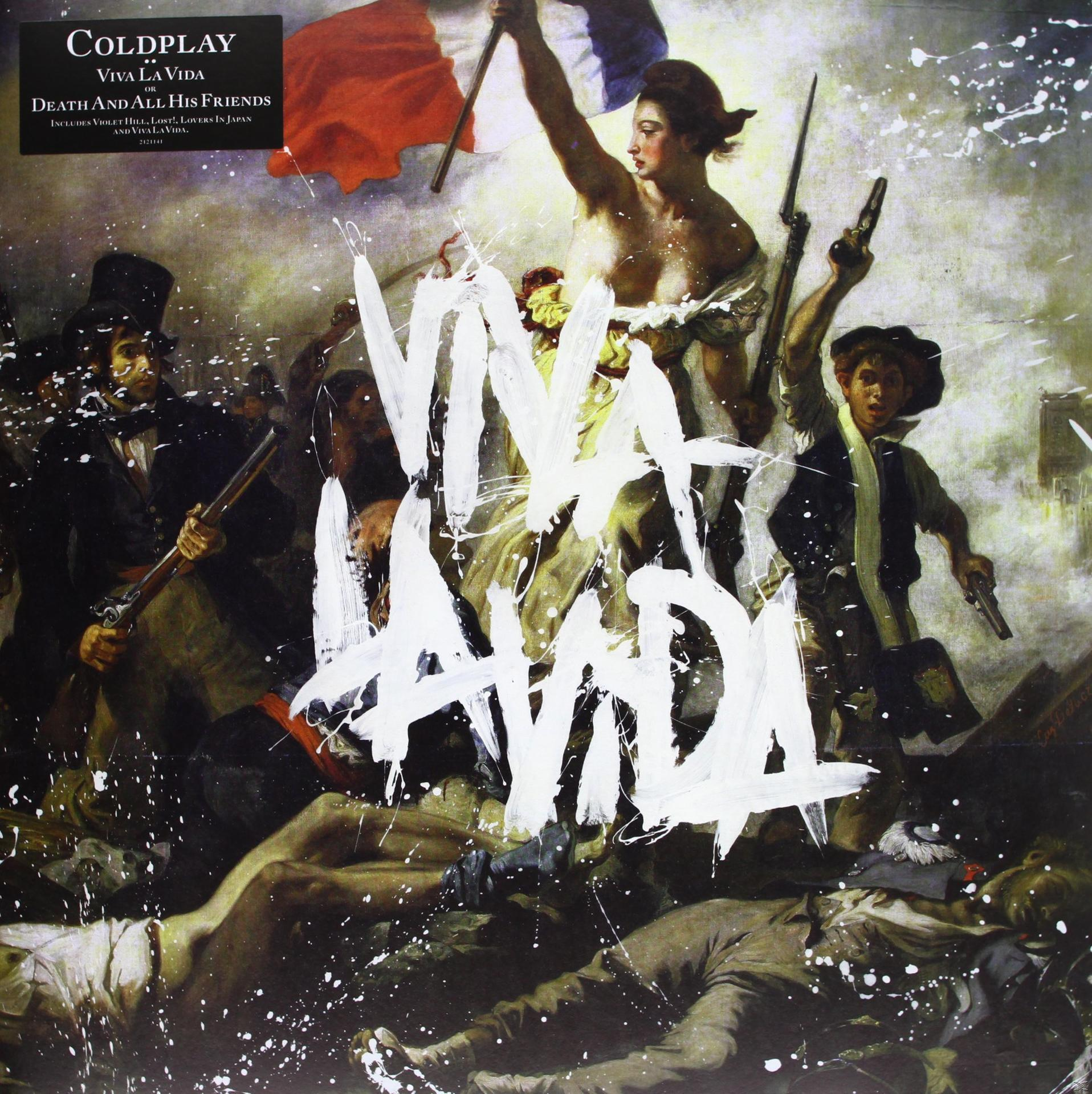 Albumhoes met een schilderij van mensen, tekst 'VIVA LA VIDA'.