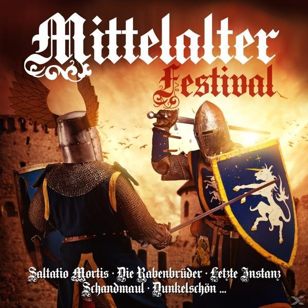 Festivalplakat mit kämpfenden Rittern, Burg und Text auf Deutsch.