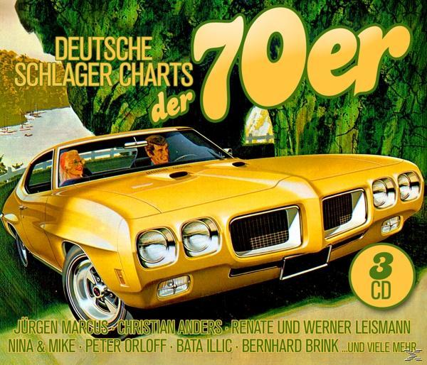 Albumcover mit gelbem Auto, zwei Personen und Text: Deutsche Schlager Charts der 70er.
