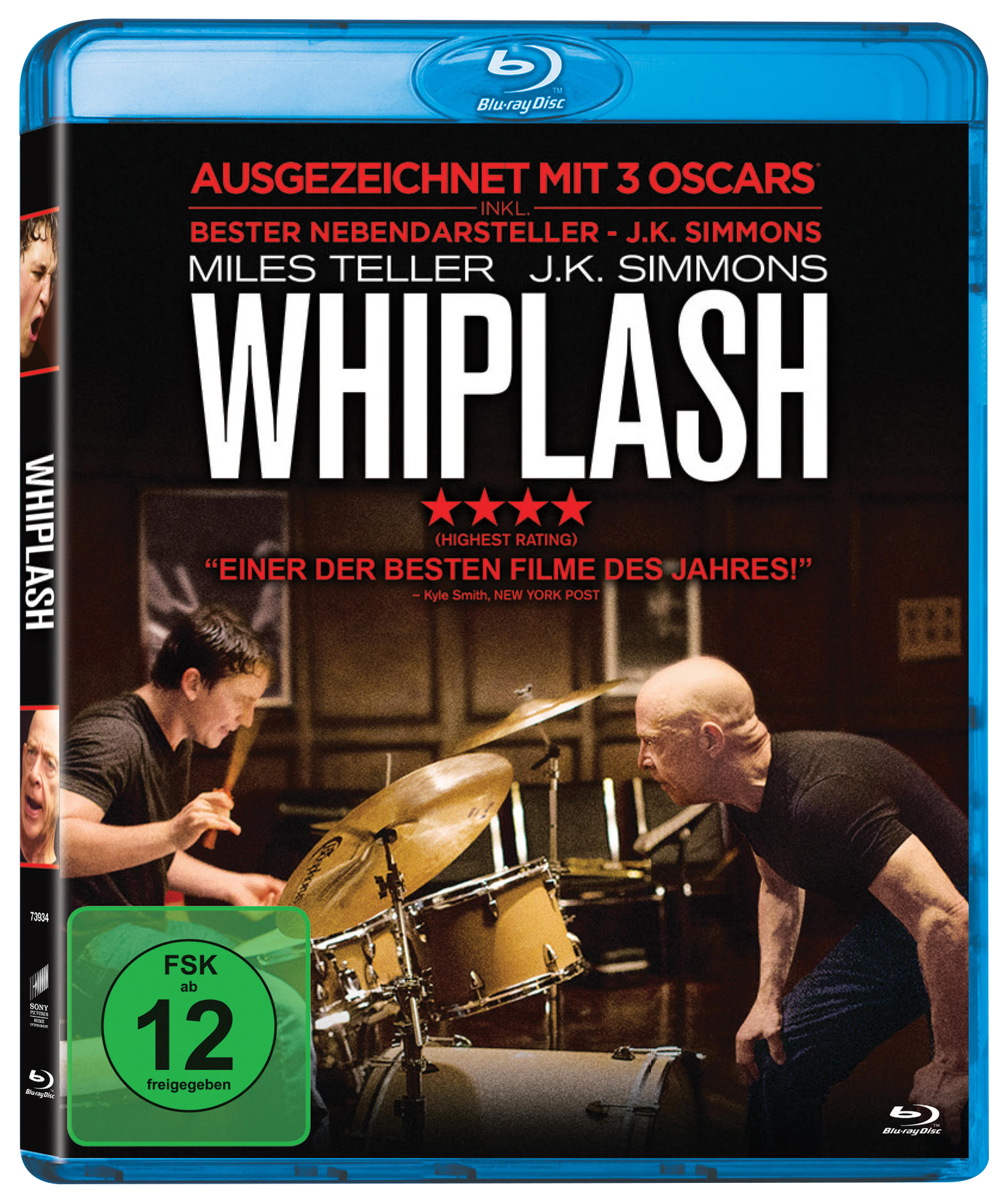 Blu-ray-Cover für den Film Whiplash. Ein Schlagzeuger und ein Dirigent sind die Hauptdarsteller.