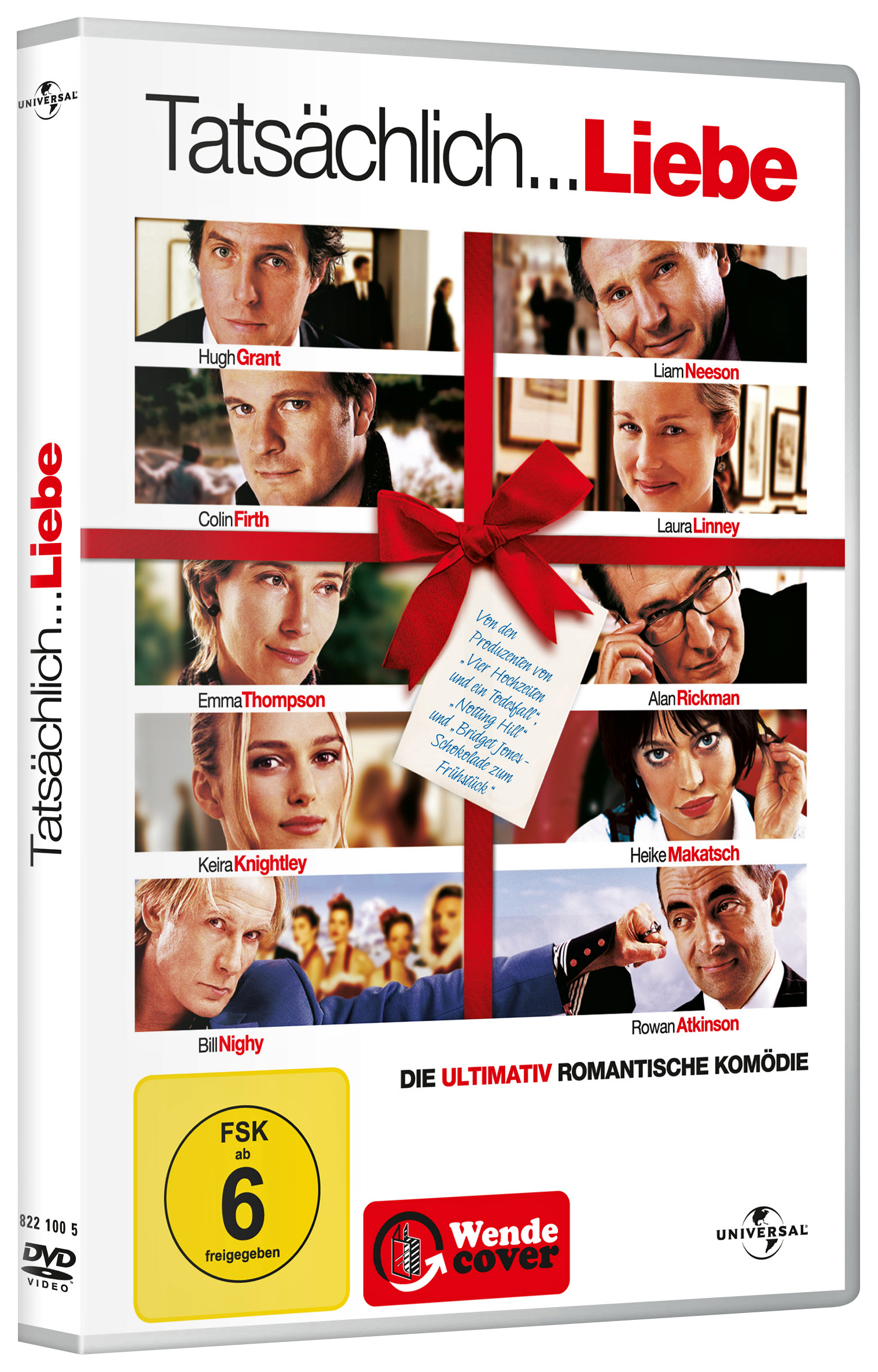 DVD-Cover von 'Tatsächlich...Liebe'. Mit mehreren Schauspielern und einem roten Band. Text: Tatsächlich...Liebe.