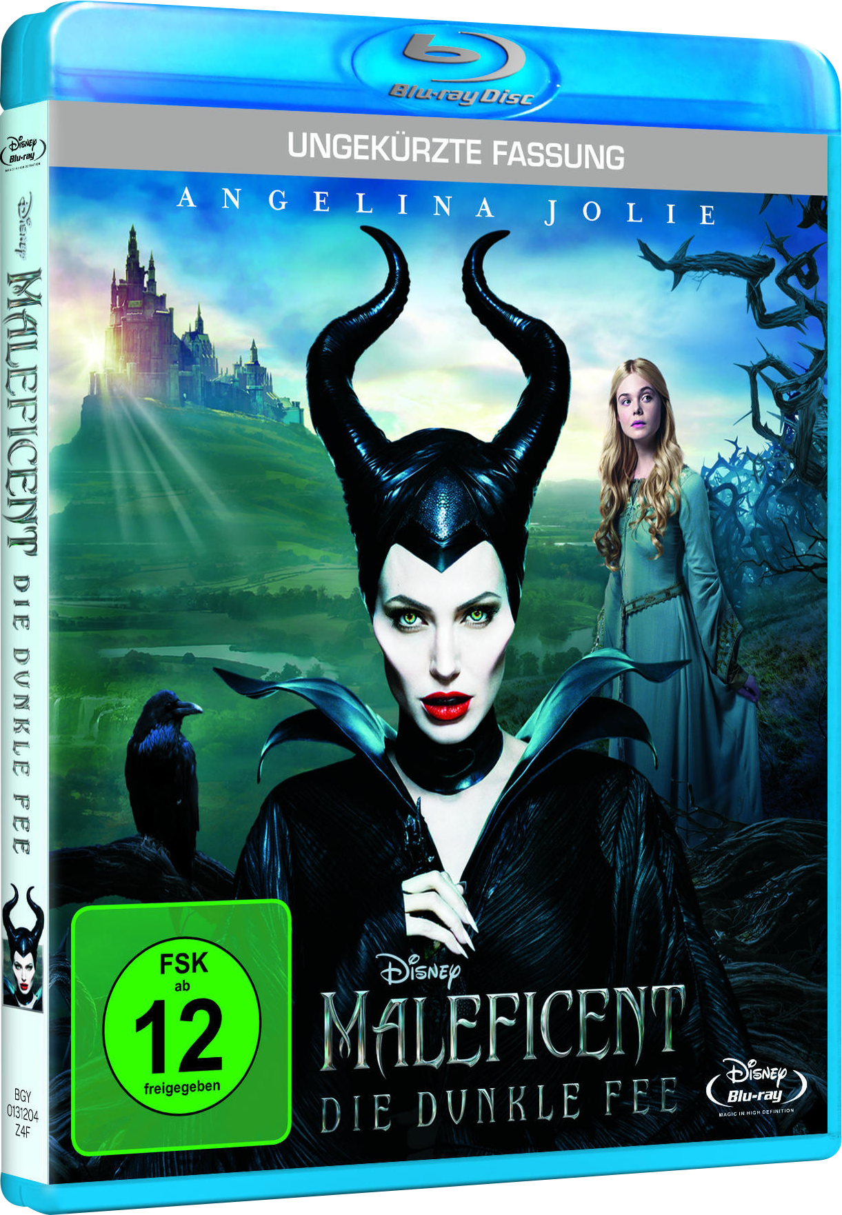 Blu-ray-Cover von Maleficent. Angelina Jolie als Maleficent und Elle Fanning sind sichtbar.