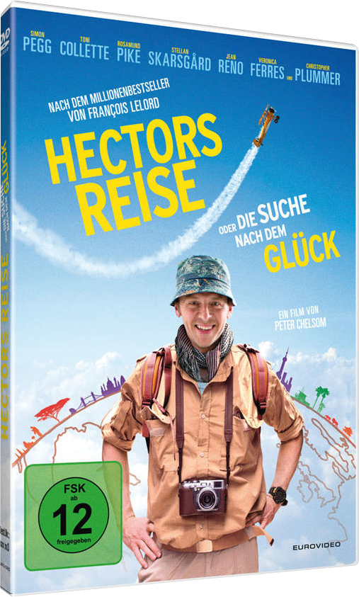 Filmcover: Ein Mann mit Hut und Rucksack blickt nach oben, der Titel 'Hectors Reise' und ein Flugzeug.