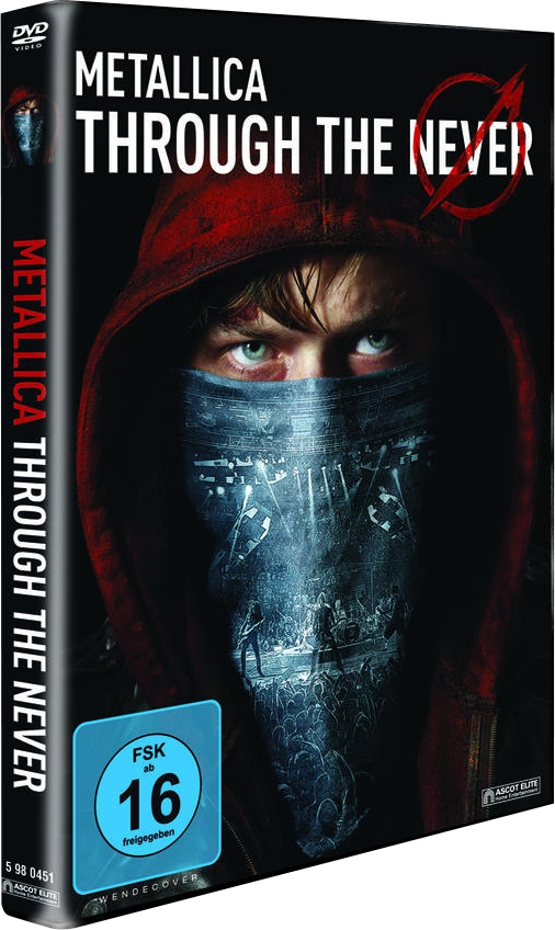 DVD-Cover mit Mann im Kapuzenpullover. Titel: Metallica Through the Never.