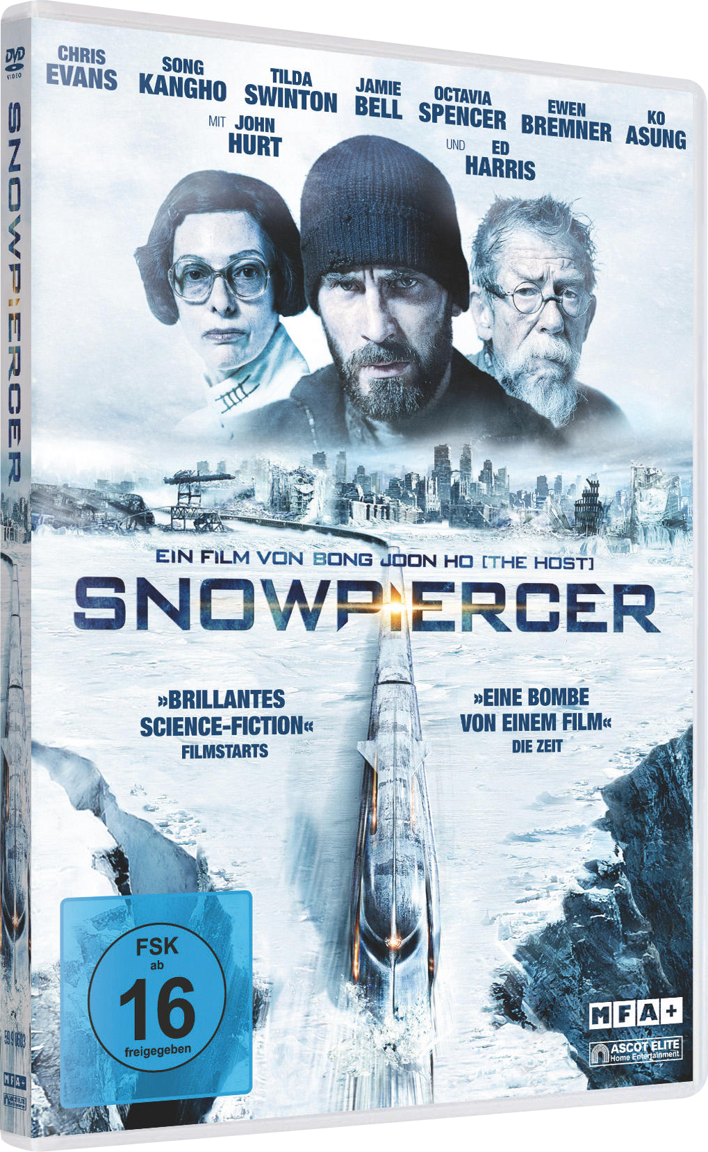 Snowpiercer DVD-Cover. Chris Evans, Tilda Swinton und andere sind abgebildet. Ein Zug ist zu sehen.