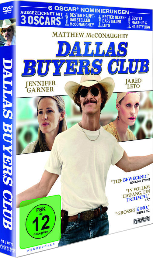 DVD-Cover: Dallas Buyers Club. Matthew McConaughey und Jared Leto, in weißen T-Shirts, und Jennifer Garner.
