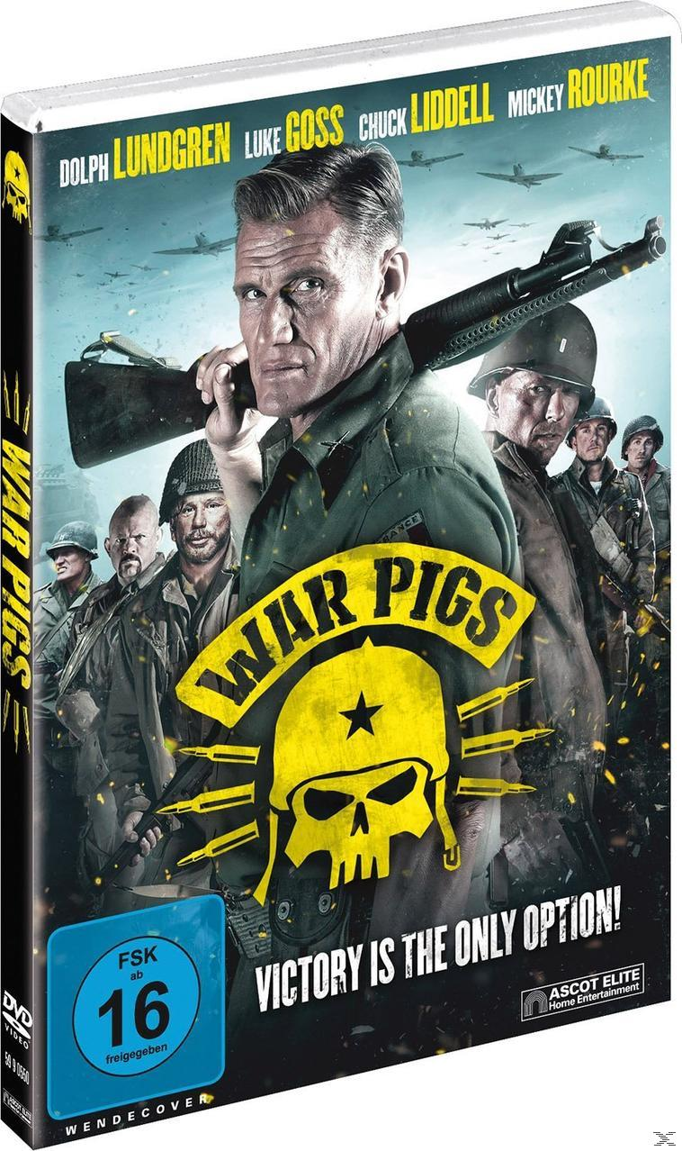 DVD-Cover von "War Pigs" mit Dolph Lundgren, der ein Gewehr hält, und Soldaten im Hintergrund.