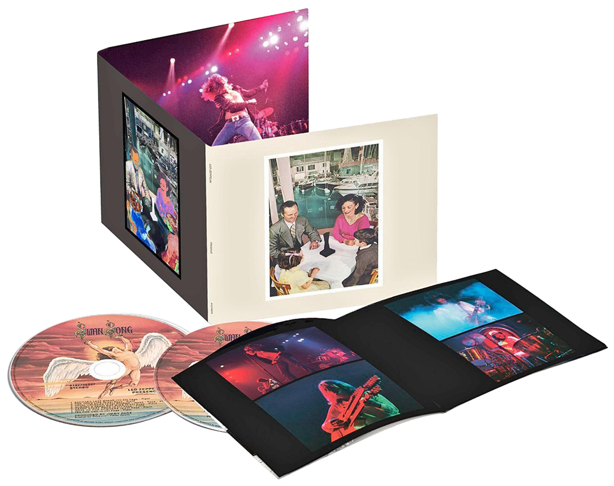 Led Zeppelin Album-Set: Geöffnetes Case mit Bandfotos, CDs und Bildern einer Live-Performance.