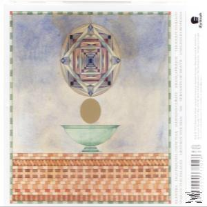 Albumcover mit abstrakten Formen und Farben. Eine geometrische Ei-Form über einer Schale.