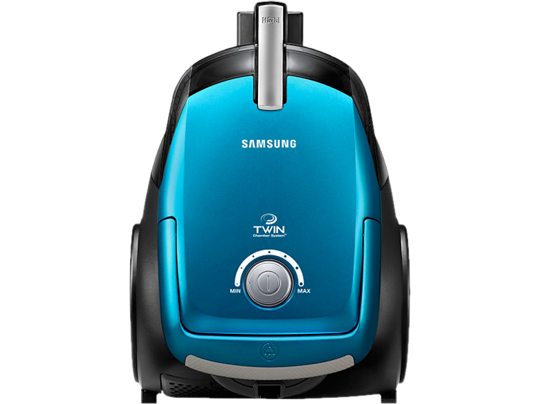 Mavi bir Samsung elektrikli süpürge. Güç için merkezi bir kadranı ve siyah vurguları var. Arka plan siyah.